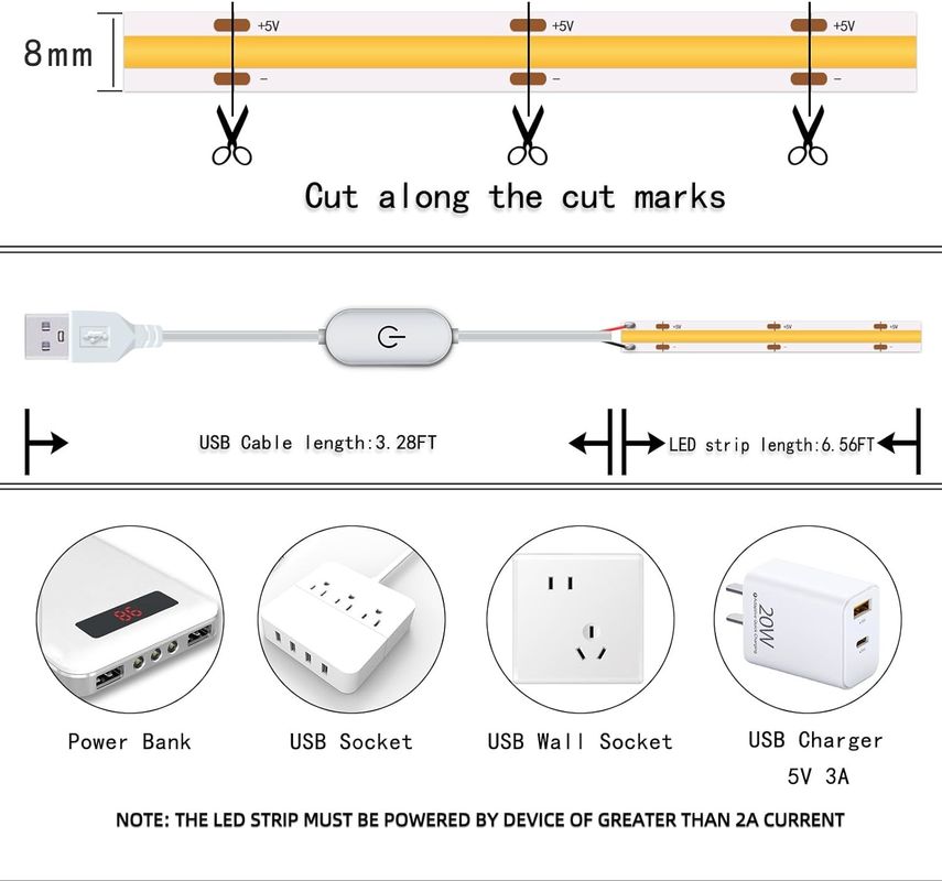 Hongtop COB LED Strip Light 5V USB 6.56ft/2m 640LED Touch Stepless Dimmable 6000K Bianco 13W
