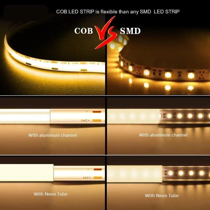 12V 24V impermeabile IP65 IP67 IP68 CRI90 Dimmabile 5M Flessibile COB LED Strip per interni esterni