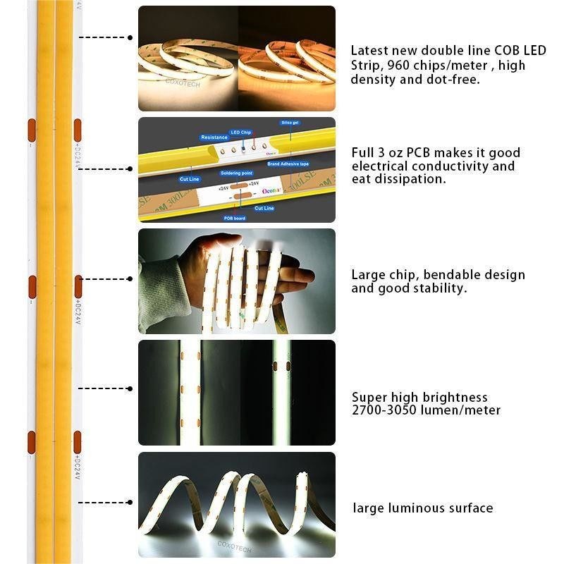 10m/roll doppie linee 600 led 12v 24v Ra80 12mm COB flessibile LED Flessibile Strip Light